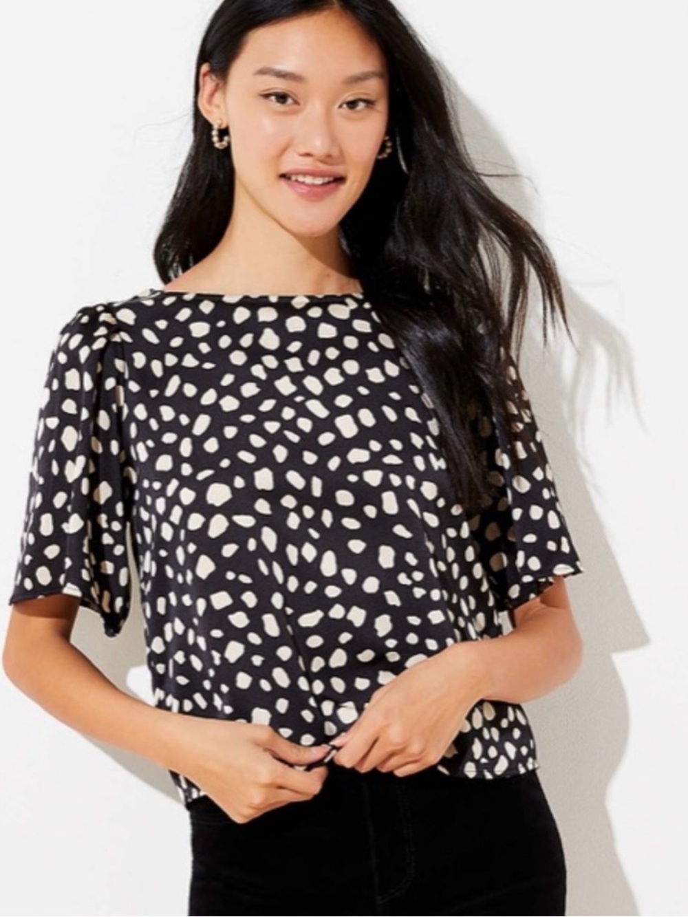 LOFT Black Top with Cream Spot Print